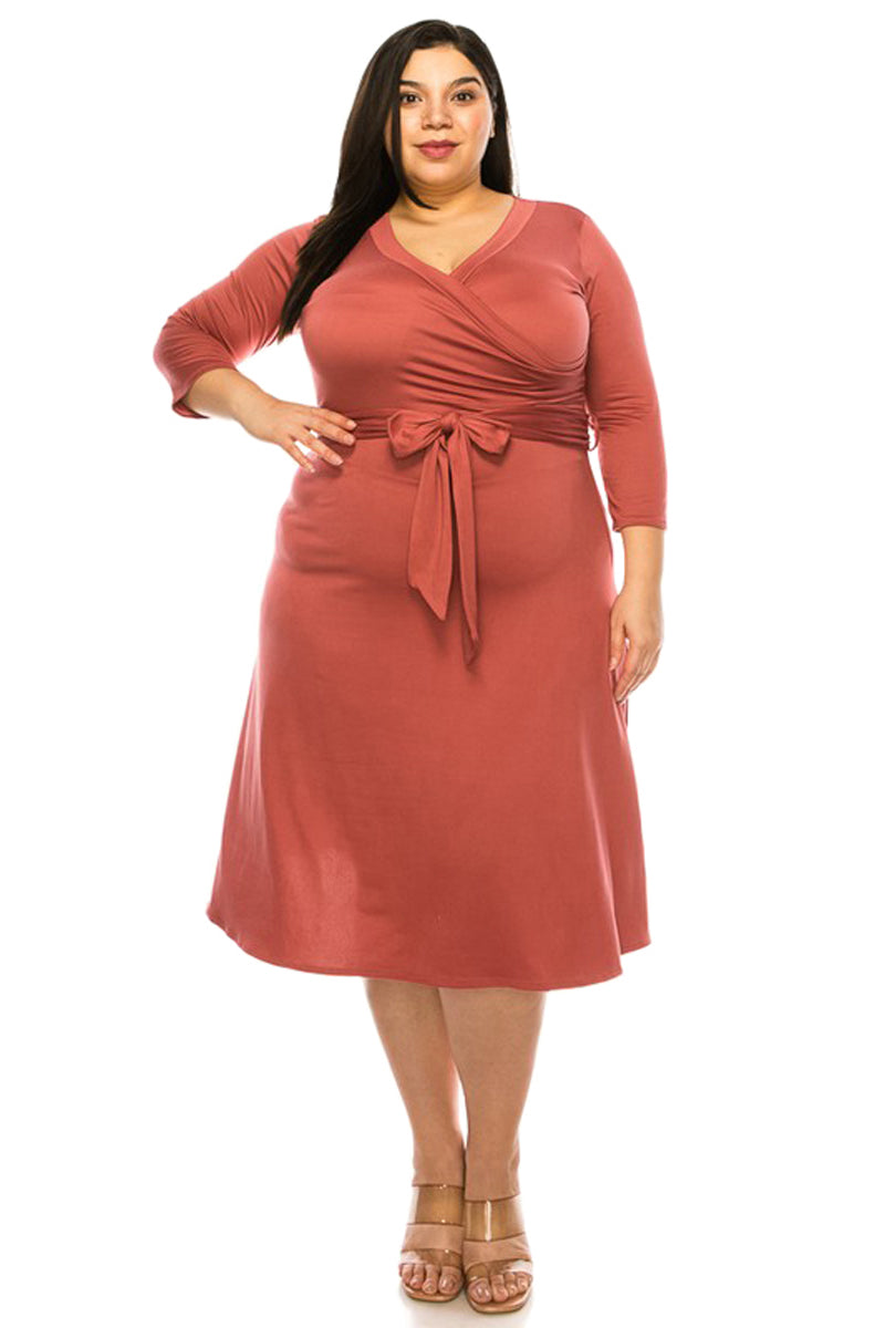 Faux Wrap Dress with Tie Plus Size