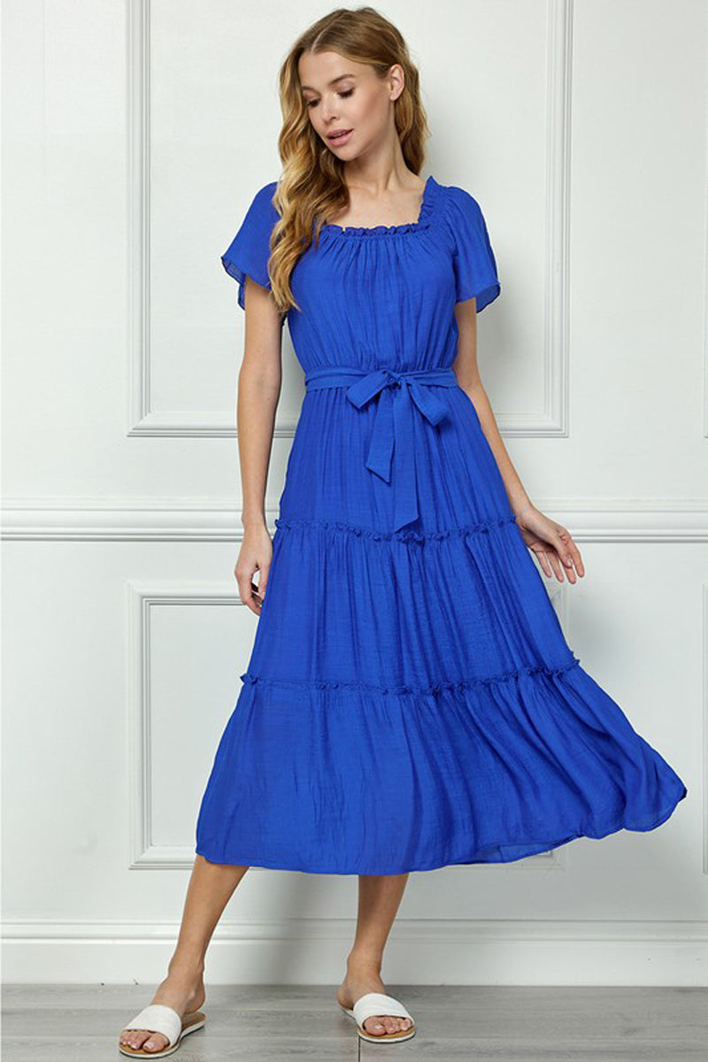 Frill Hem Flutter Sleeve Ruffle Tiered Maxi Easygoing Loose Flowy Dress with Tie