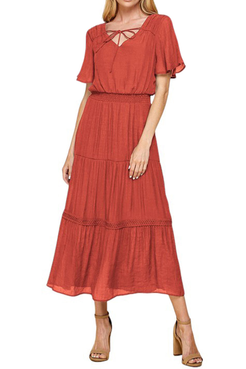 Summer Flowy Keyhole Flutter Short Sleeve Crochet Tiered Boho Maxi Beach Sun Dress