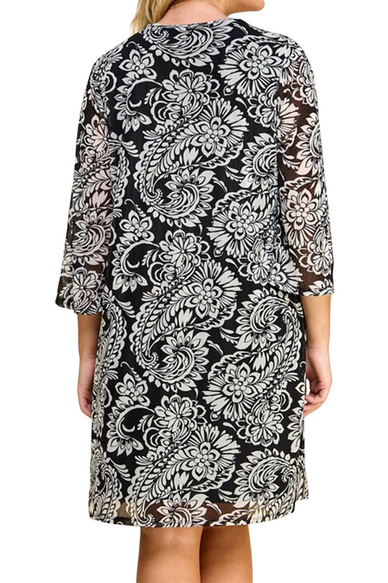 Print Cardigan with Solid Sheath Dress Plus Size One Piece