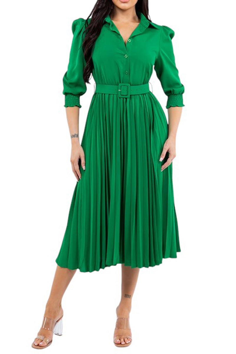 Shirt Dress with Pleated Midi Skirt Three-Quarter Sleeve Belt