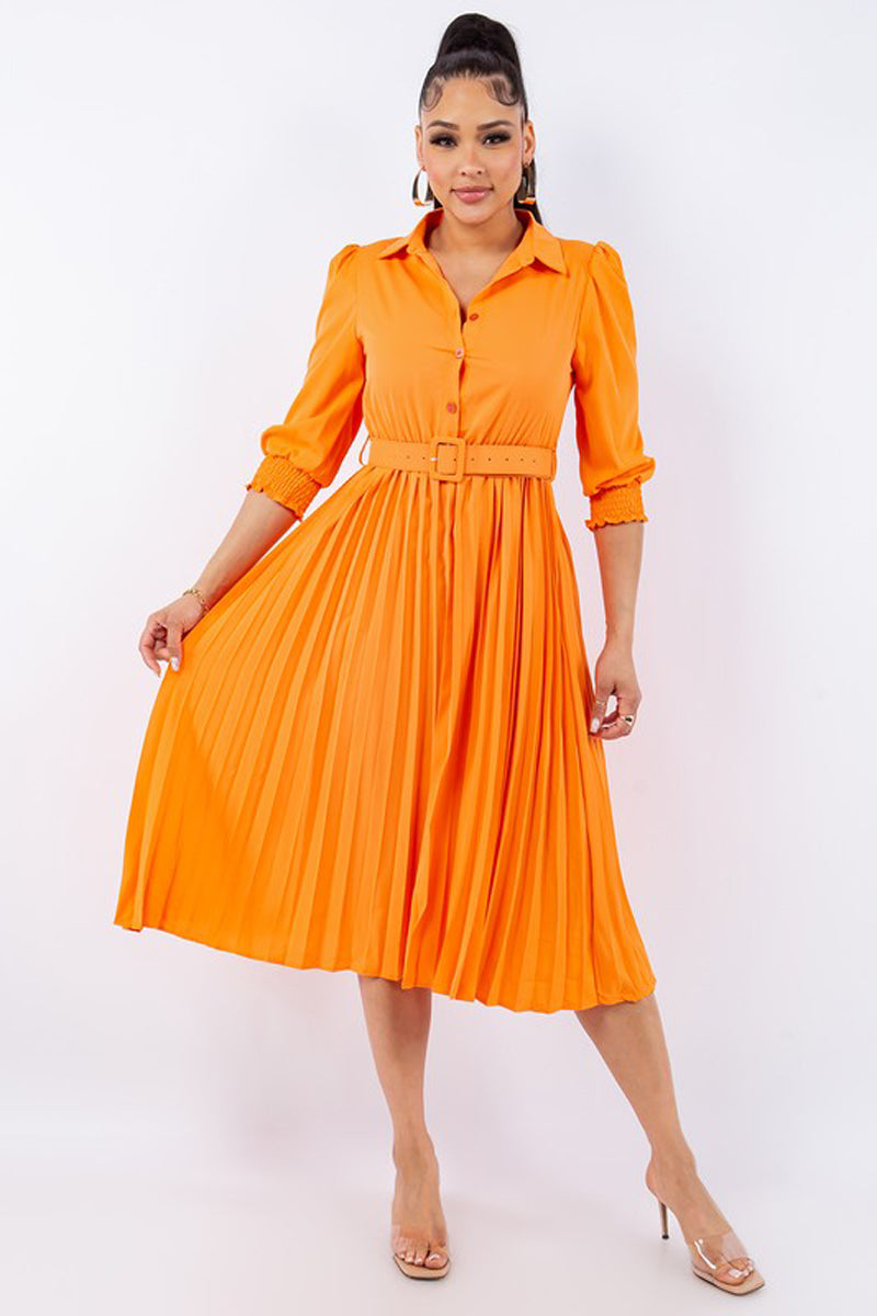 Shirt Dress with Pleated Midi Skirt Three-Quarter Sleeve Belt
