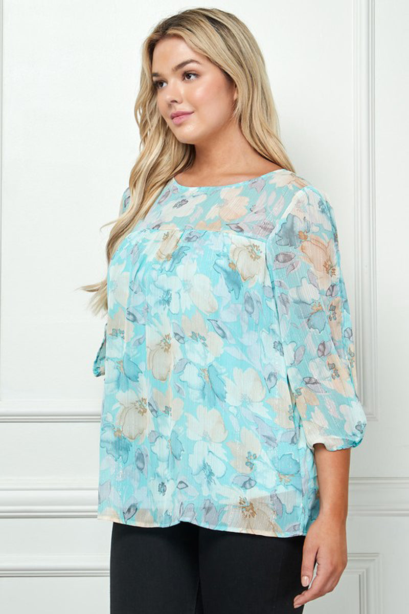 Sheer Floral Front and Back Yoke Blouse Plus