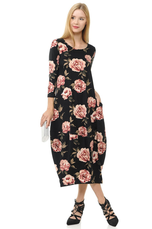 Cocoon Midi Dress With Pocket Floral Print