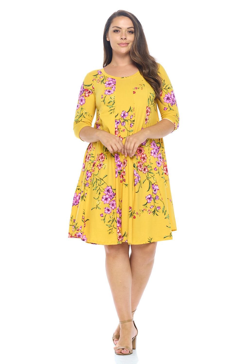 A-Line Trapeze Midi Dress Floral Print Plus Size Pastel by Vivienne A-Line Trapeze Midi Dress Floral Print Plus Size Pastel by Vivienne