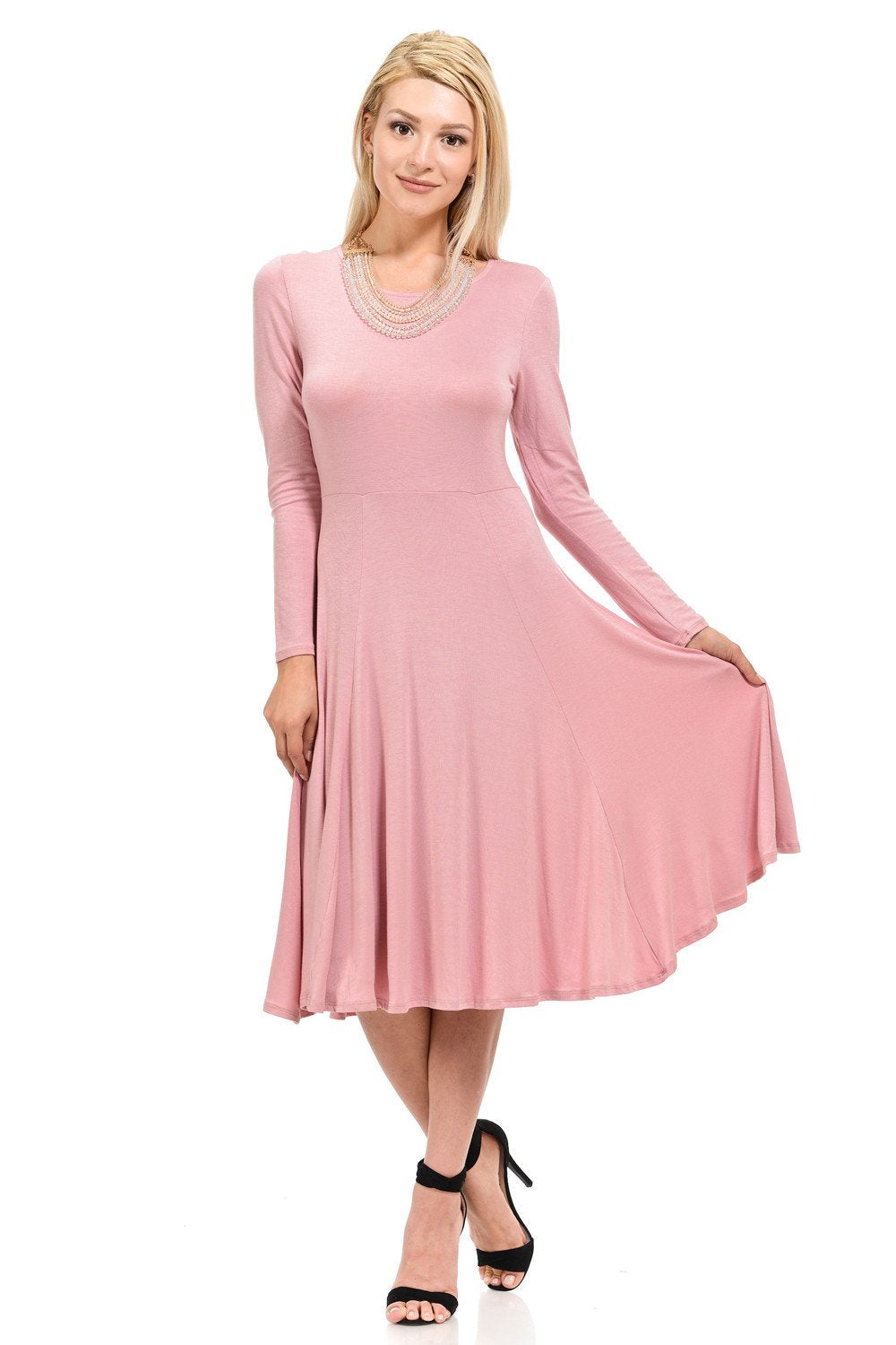 Long Sleeve Fit and Flare Midi Dress Pastel by Vivienne Long Sleeve Fit and Flare Midi Dress Pastel by Vivienne