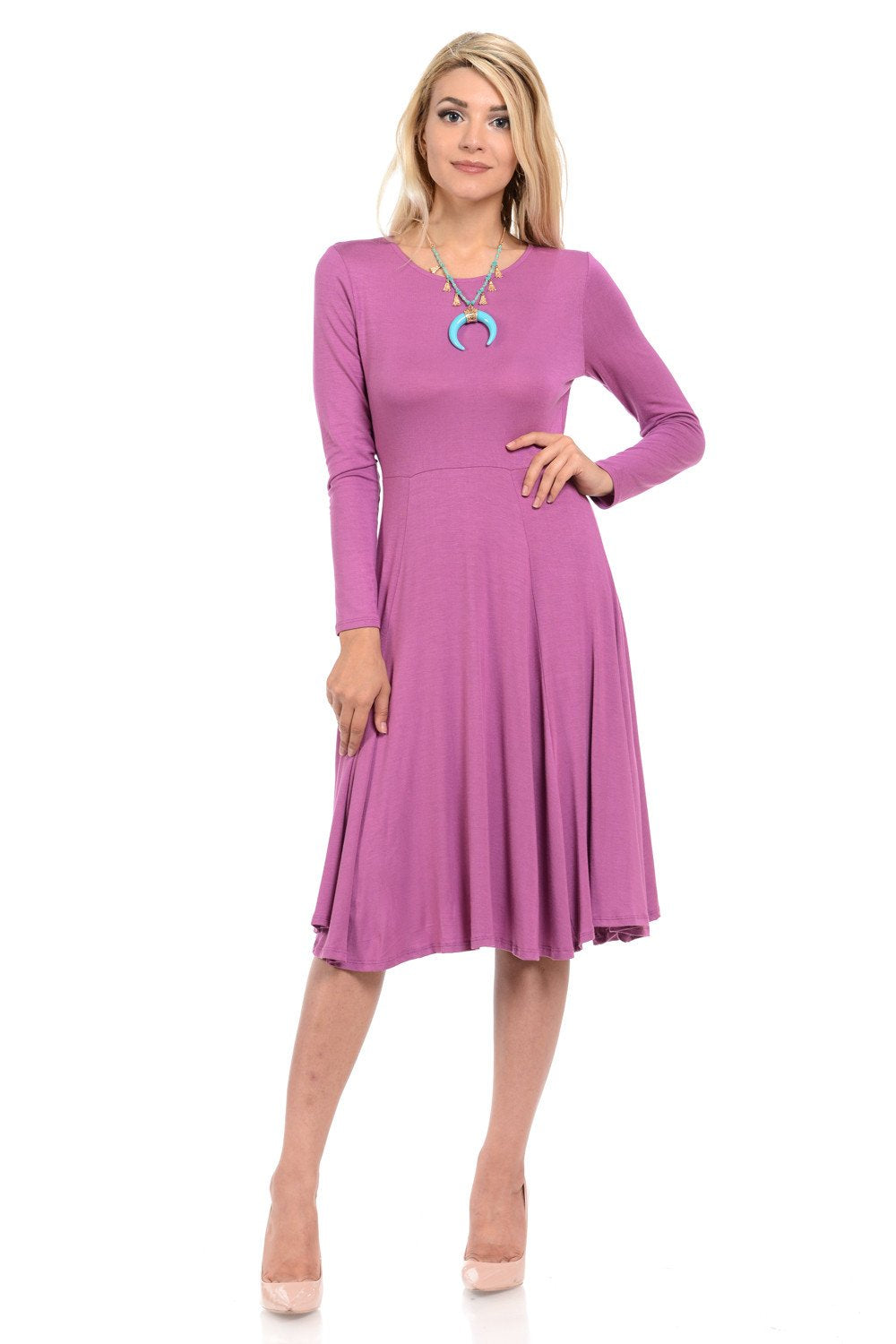 Long Sleeve Fit and Flare Midi Dress Pastel by Vivienne Long Sleeve Fit and Flare Midi Dress Pastel by Vivienne