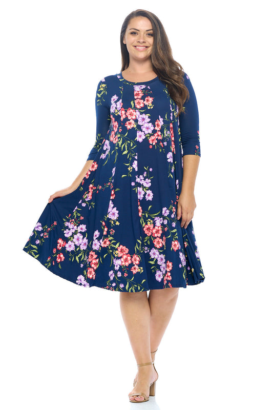 A-Line Trapeze Midi Dress Floral Print Plus Size