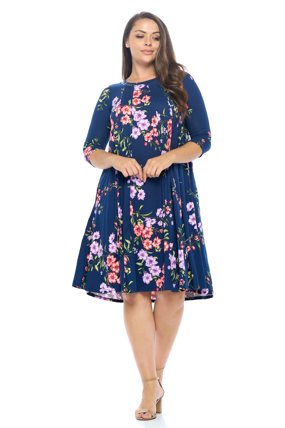 A-Line Trapeze Midi Dress Floral Print Plus Size Pastel by Vivienne A-Line Trapeze Midi Dress Floral Print Plus Size Pastel by Vivienne