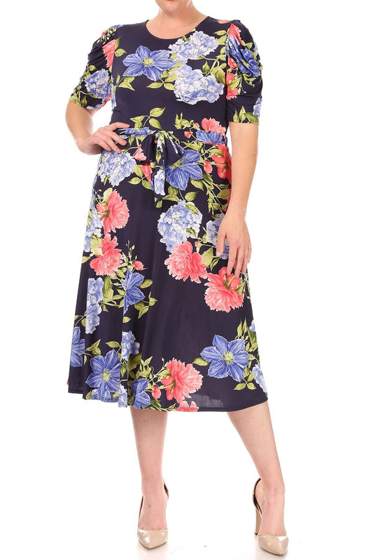 Print Midi Dress with Sash Tie Plus Size