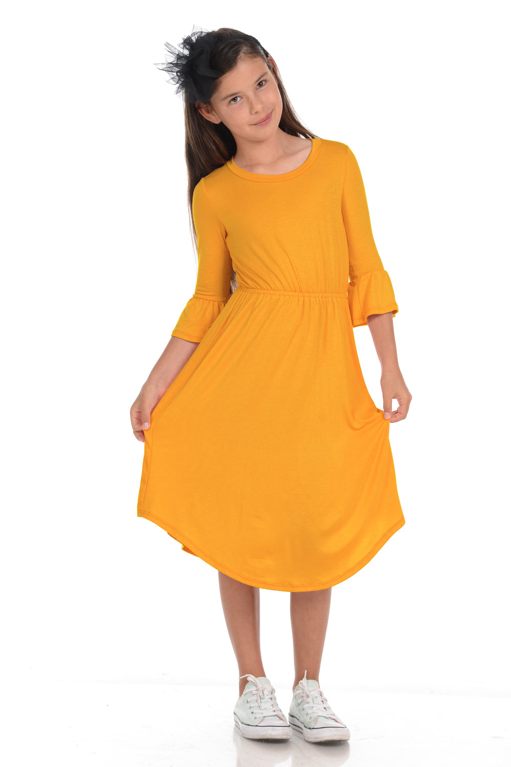 Fit and Flare Midi Dress with Bell Sleeve Pastel by Vivienne Fit and Flare Midi Dress with Bell Sleeve Pastel by Vivienne