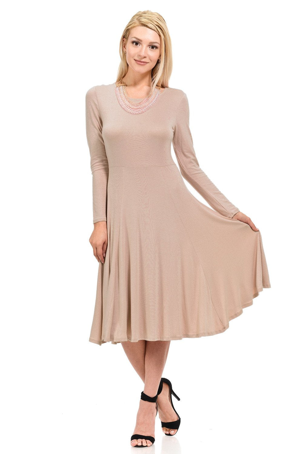 Long Sleeve Fit and Flare Midi Dress Pastel by Vivienne Long Sleeve Fit and Flare Midi Dress Pastel by Vivienne