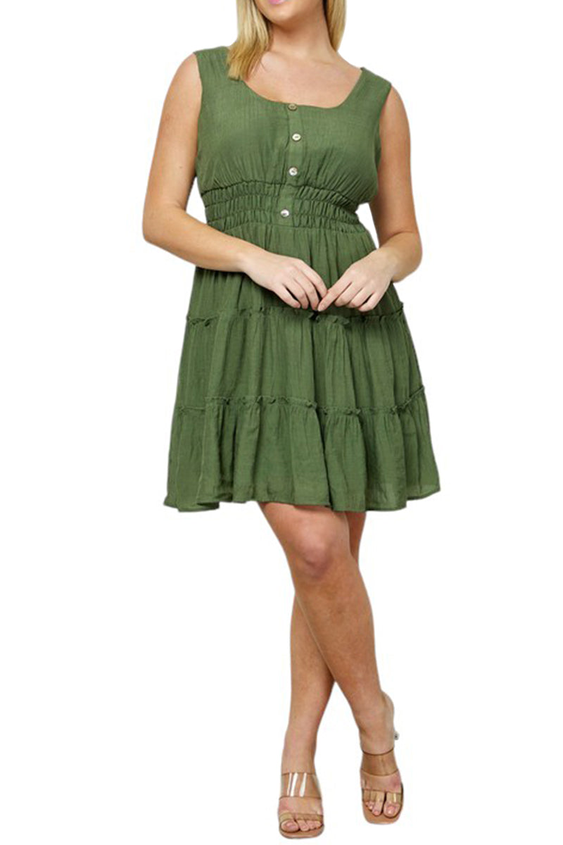 Sleeveless Tiered Smocked Ruffle Mini Dress with Buttons Plus Size