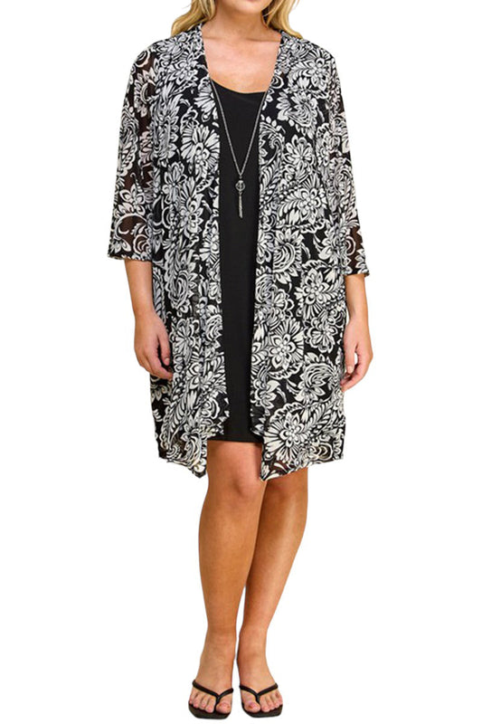 Print Cardigan with Solid Sheath Dress Plus Size One Piece