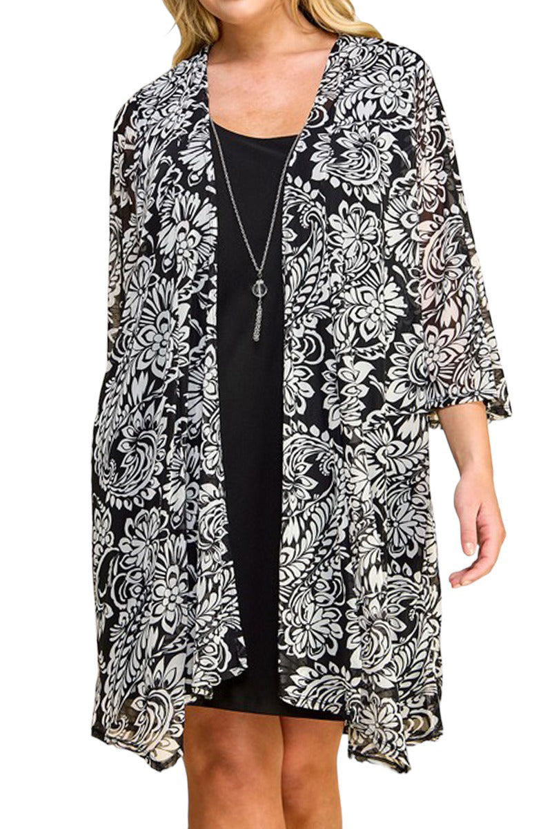 Print Cardigan with Solid Sheath Dress Plus Size One Piece Print Cardigan with Solid Sheath Dress Plus Size One Piece